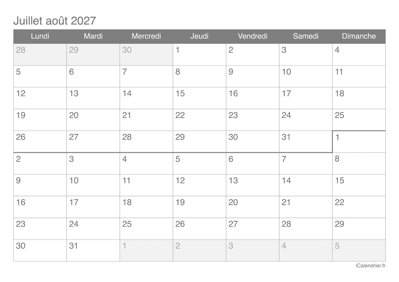 Calendrier de juillet août 2027