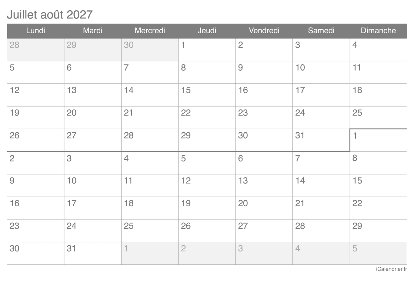Calendrier de juillet août 2027