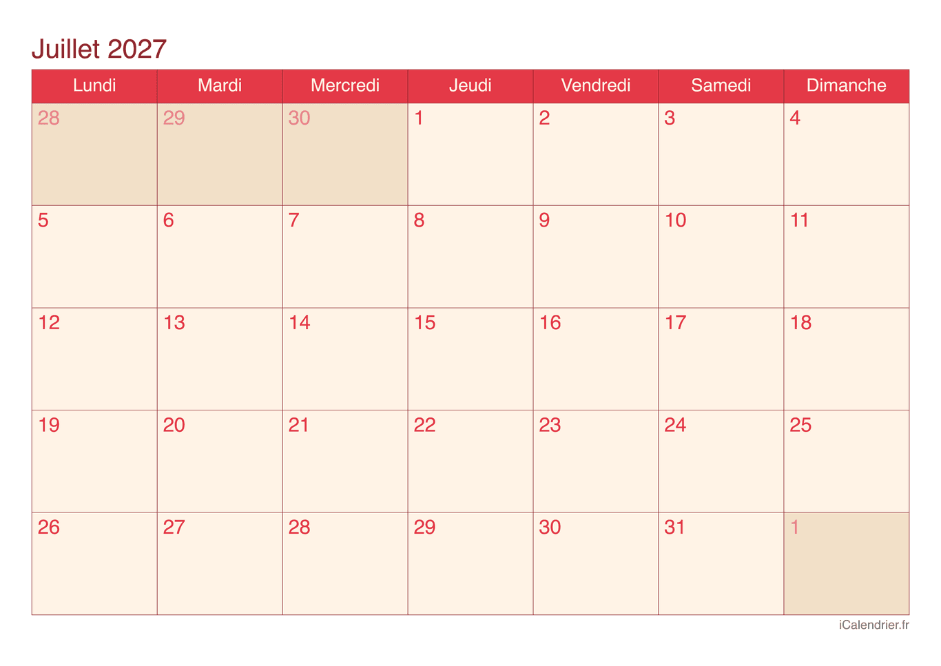 Calendrier de juillet 2027 - Cherry