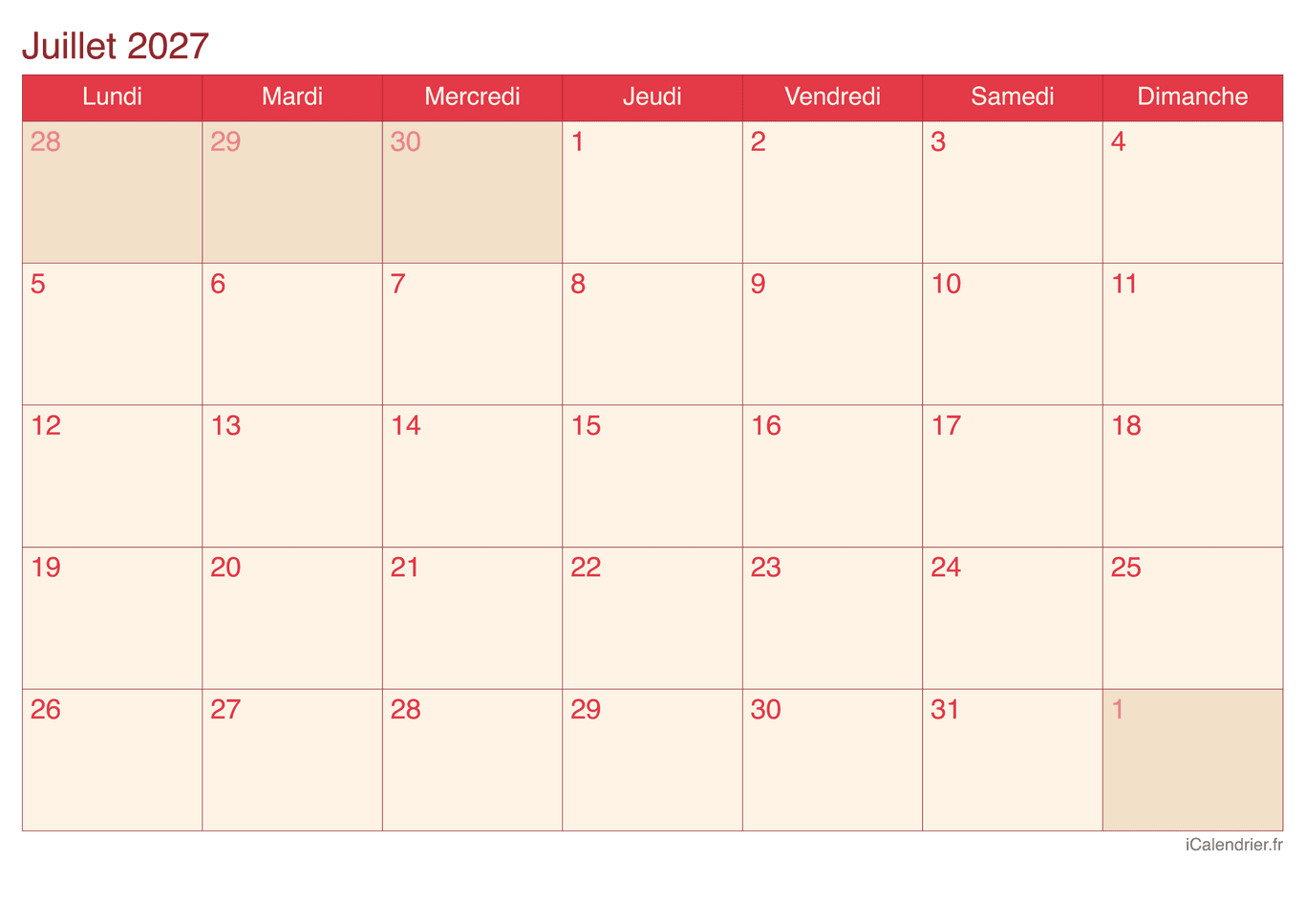 Calendrier de juillet 2027 - Cherry