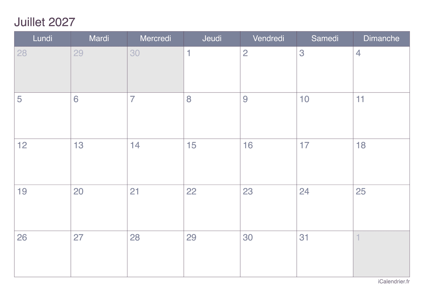 Calendrier de juillet 2027 - Office