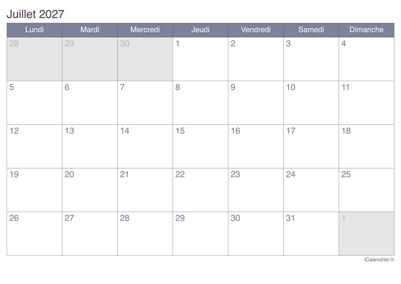 Calendrier de juillet 2027 - Office