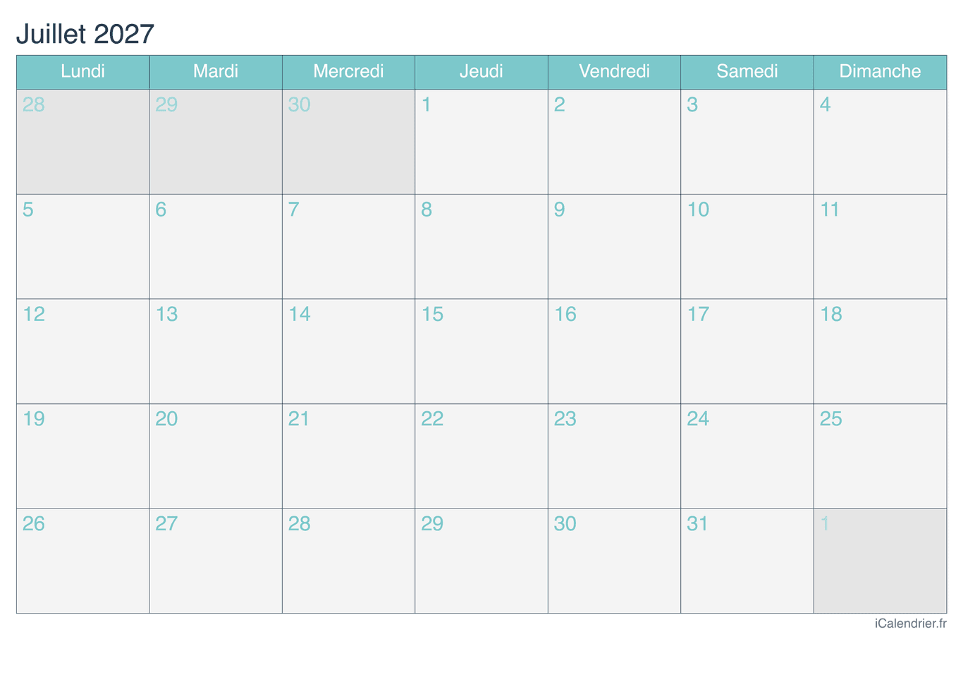 Calendrier de juillet 2027 - Turquoise