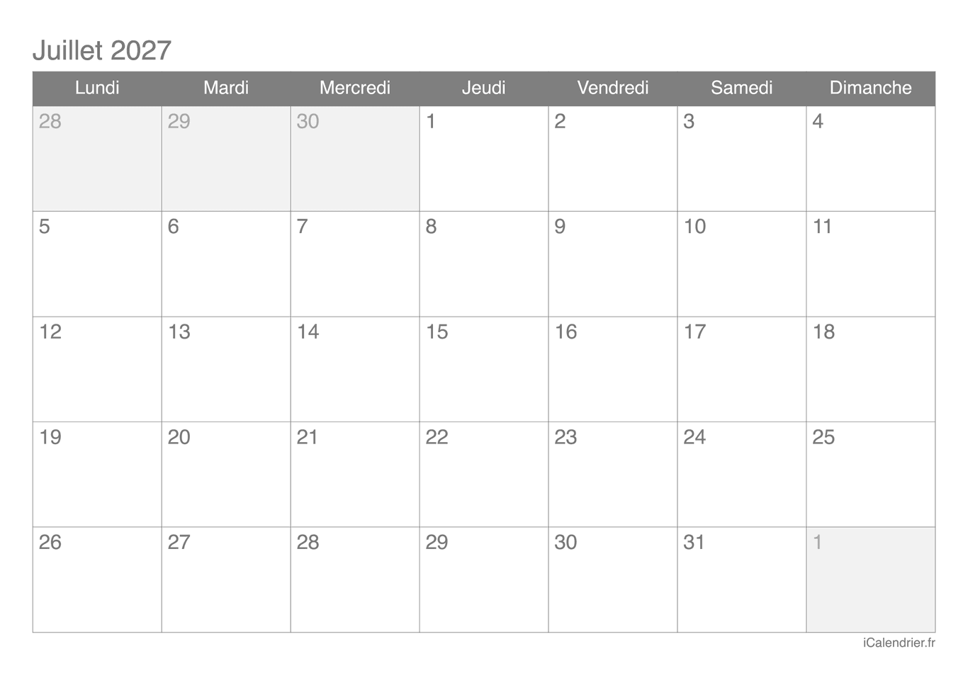 Calendrier de juillet 2027