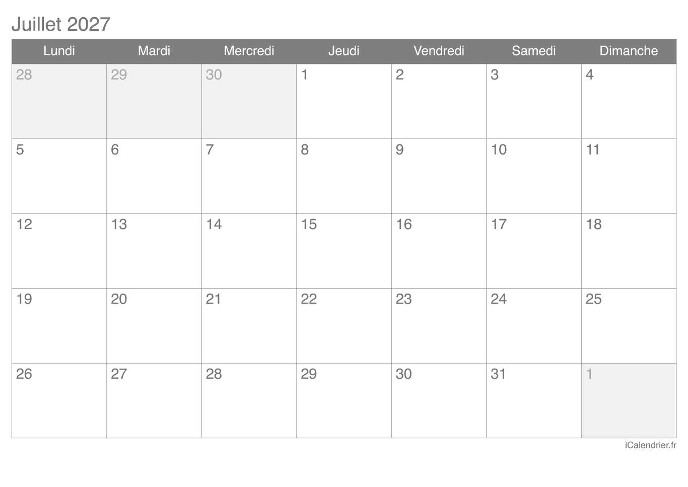 Calendrier de juillet 2027