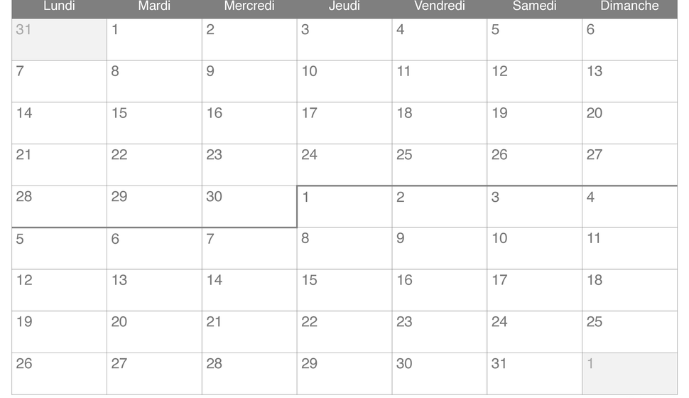 Calendrier de juin juillet 2027