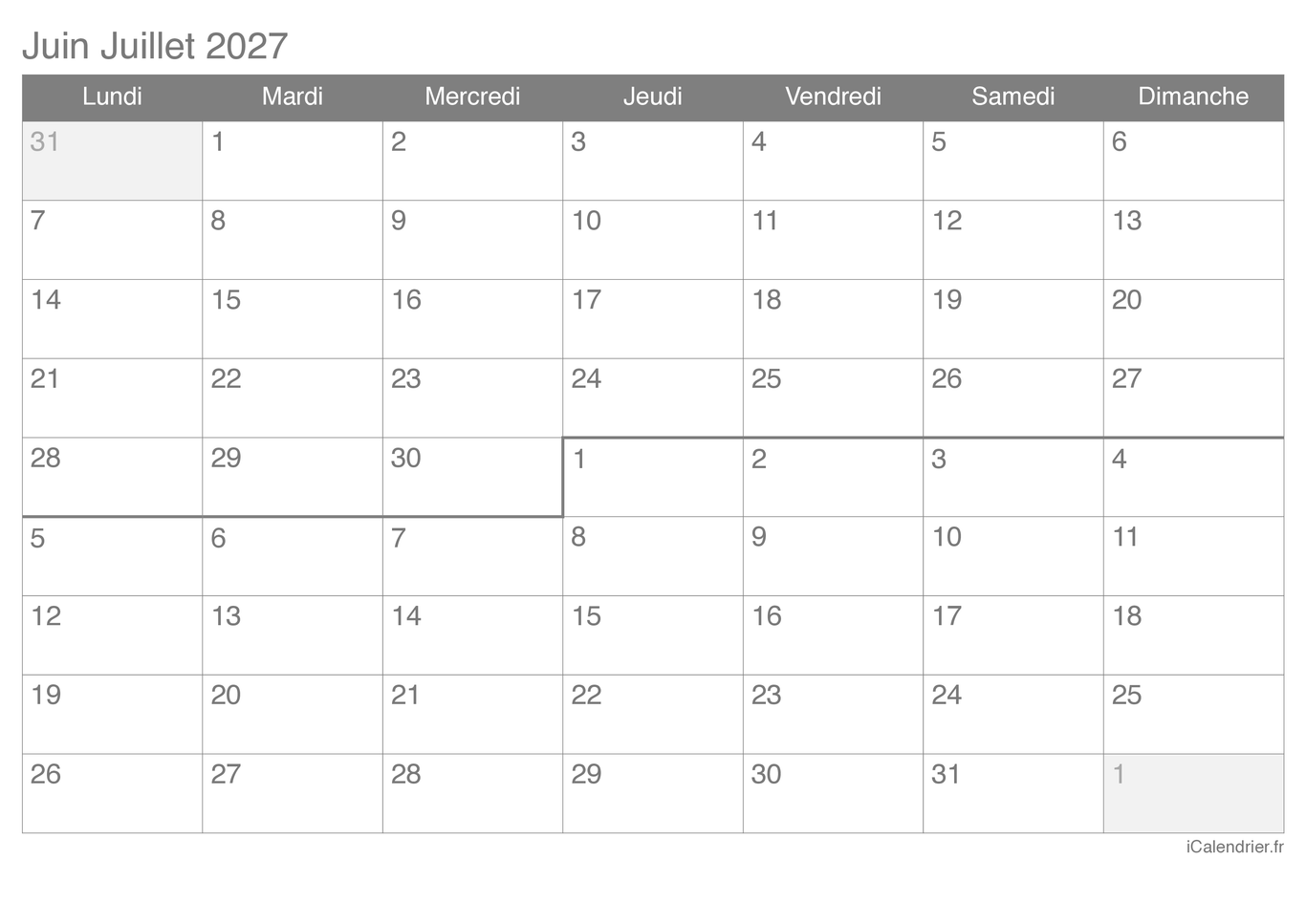 Calendrier de juin juillet 2027