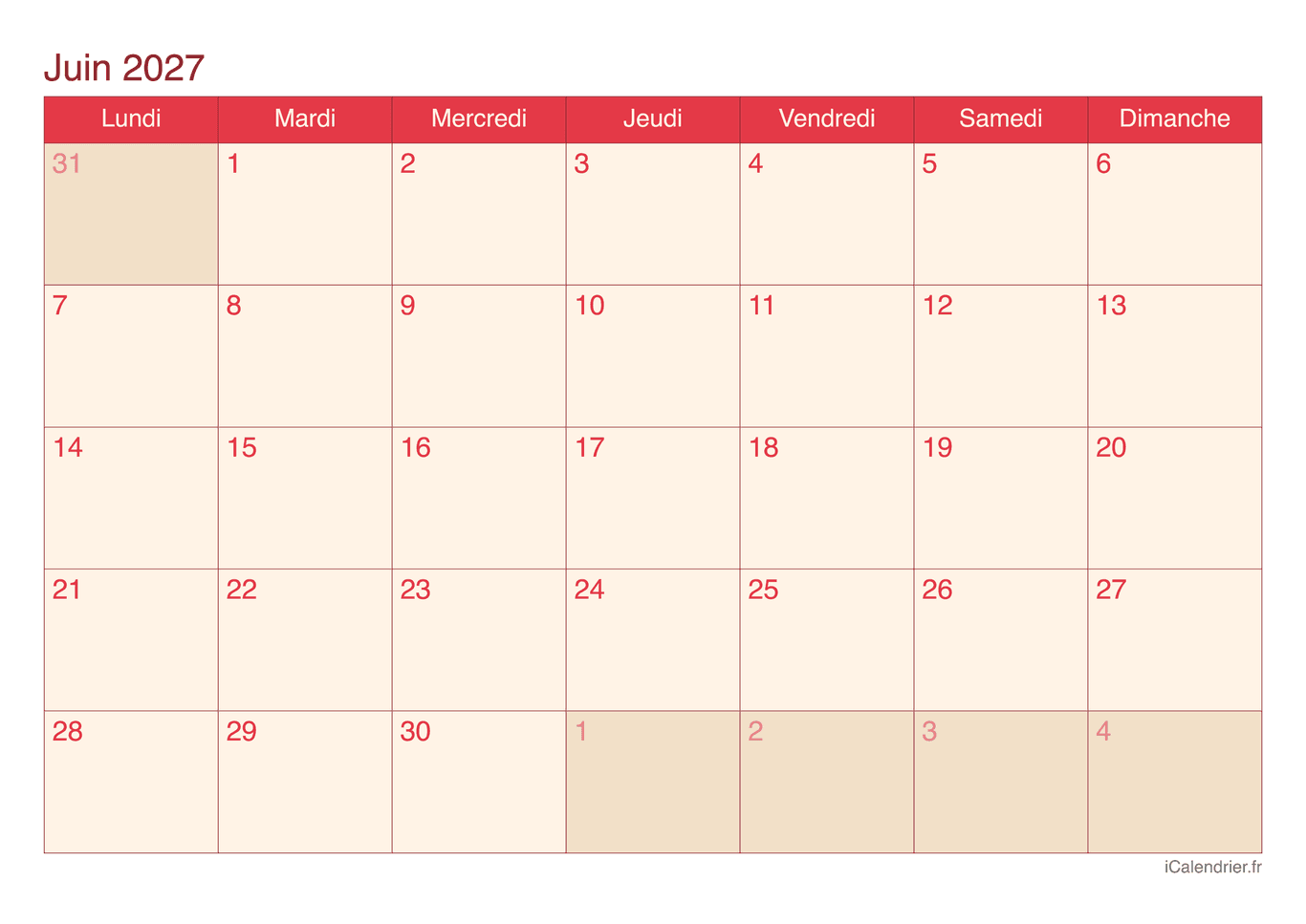 Calendrier de juin 2027 - Cherry