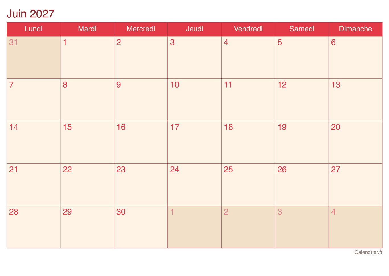 Calendrier de juin 2027 - Cherry