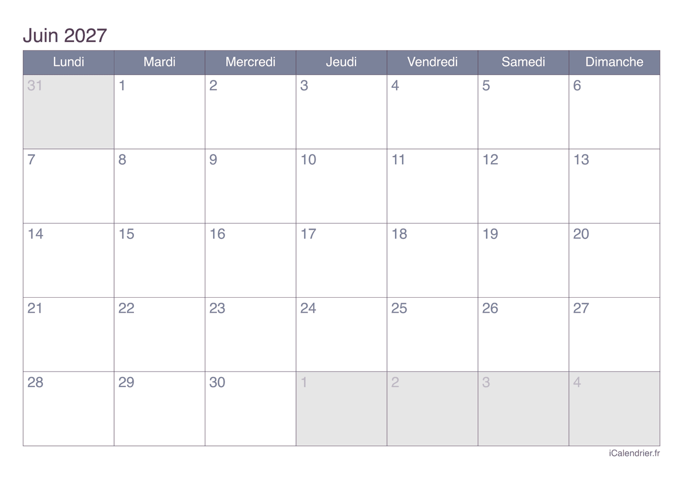 Calendrier de juin 2027 - Office