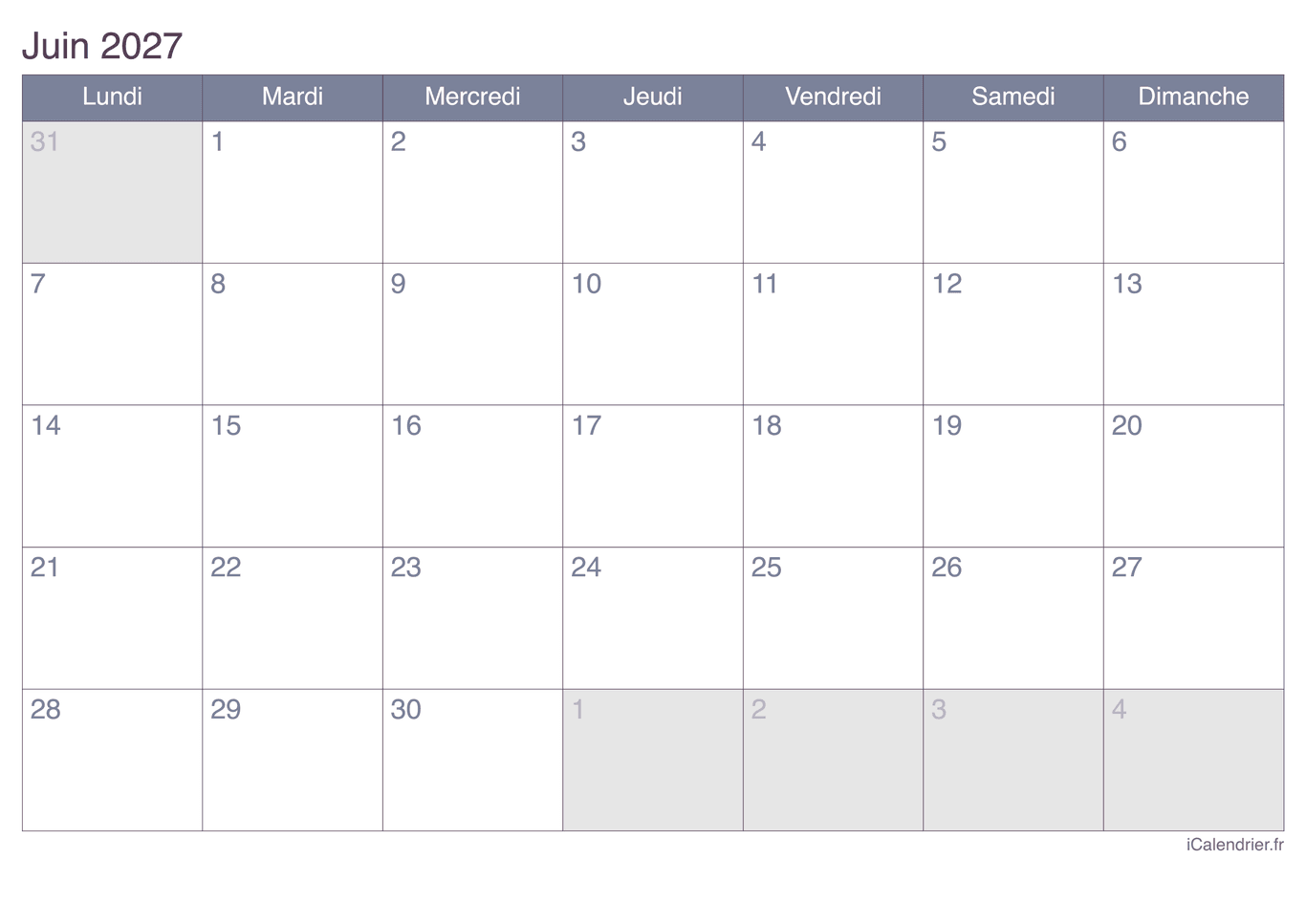 Calendrier de juin 2027 - Office