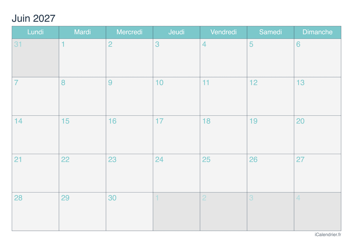 Calendrier de juin 2027 - Turquoise