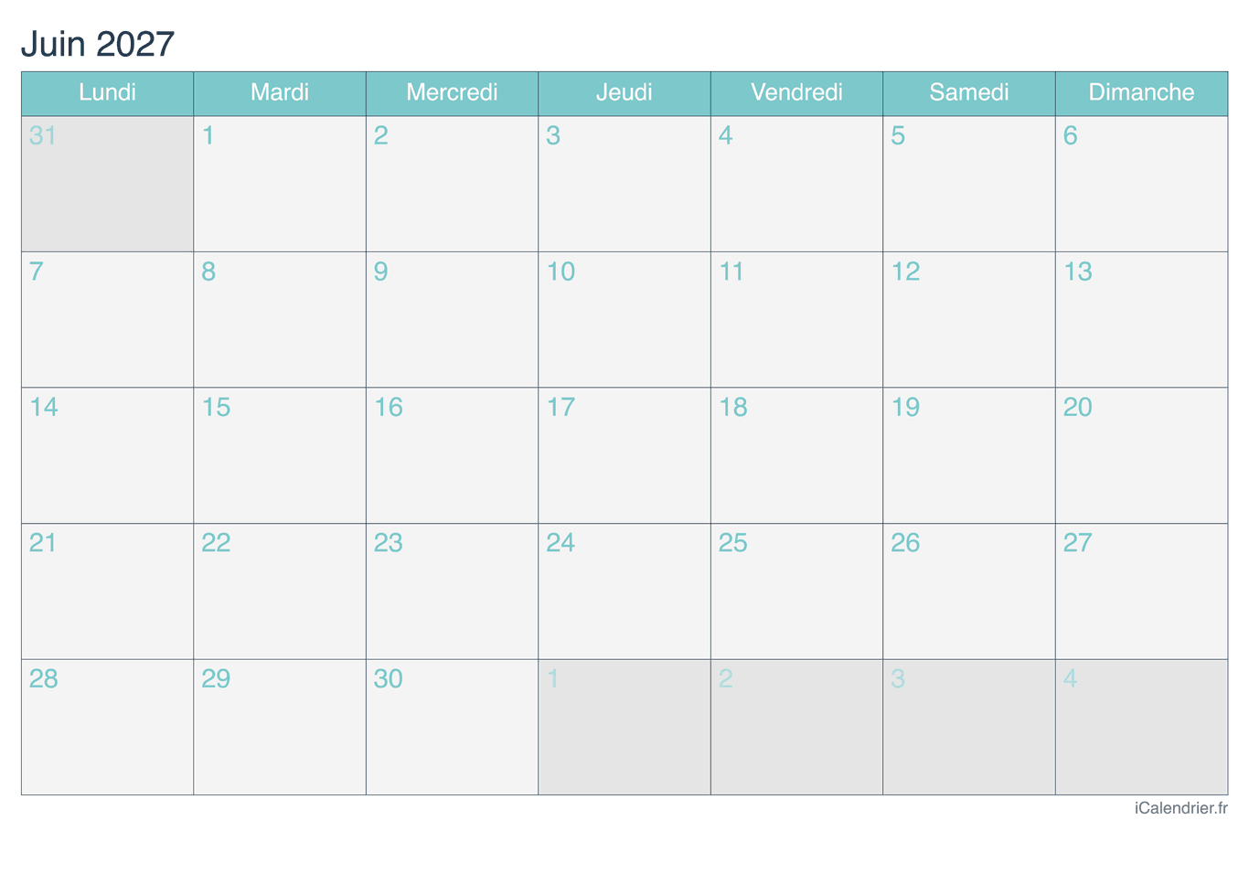 Calendrier de juin 2027 - Turquoise