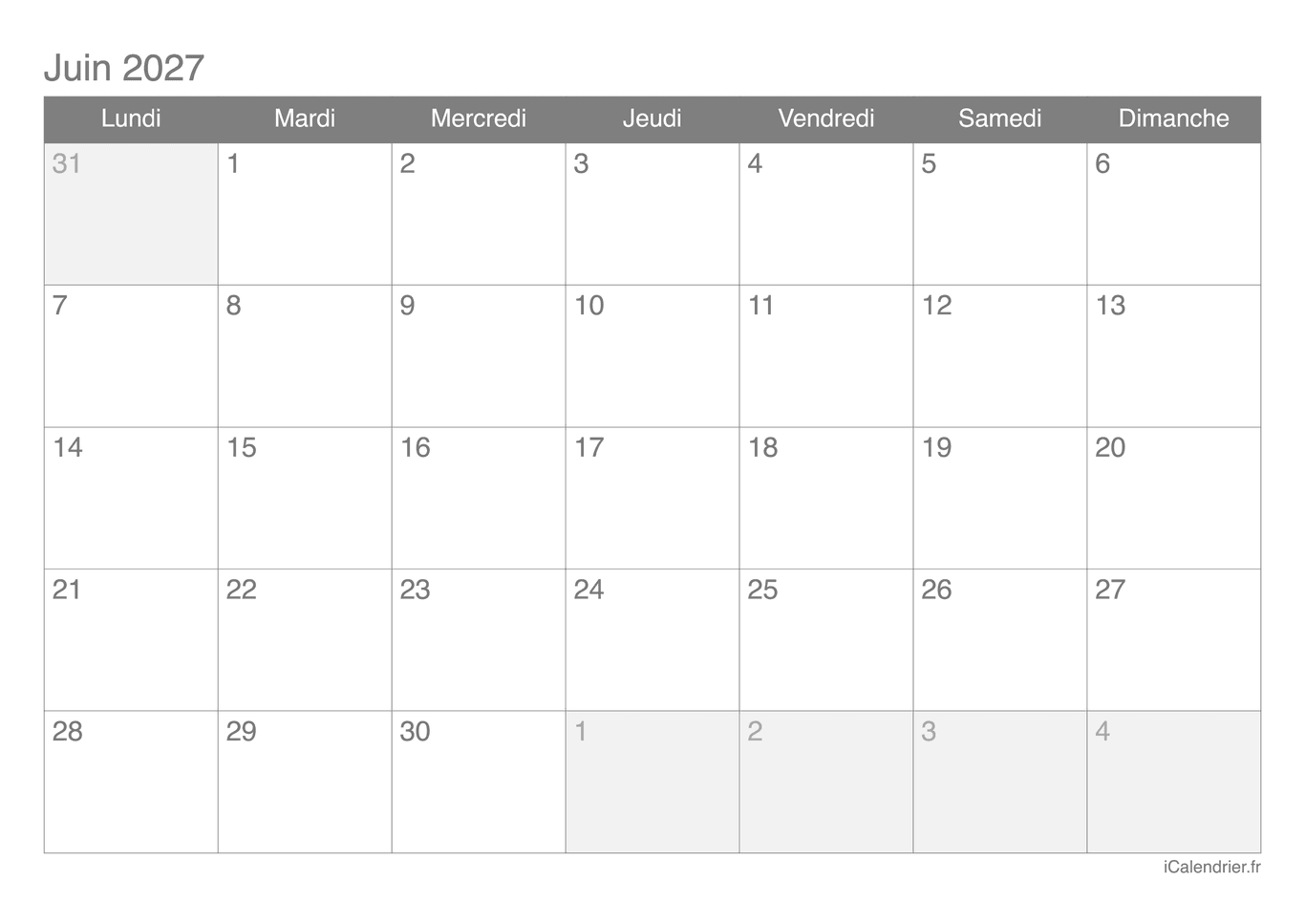 Calendrier de juin 2027