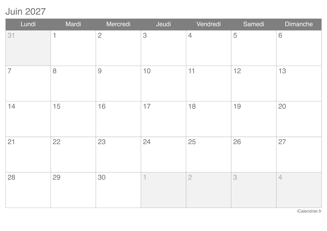 Calendrier de juin 2027