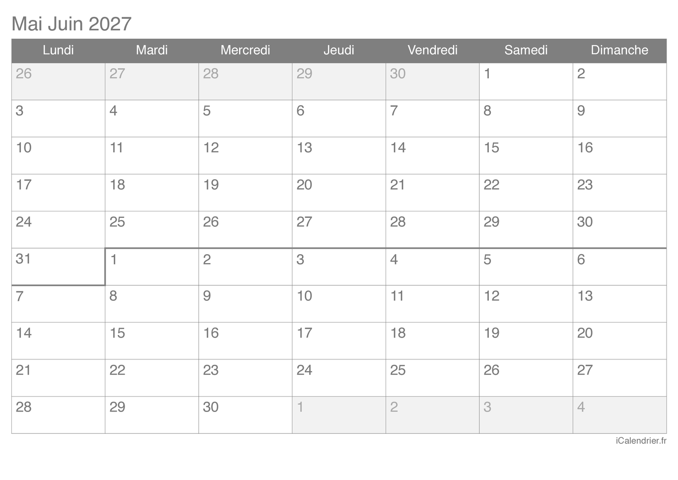 Calendrier de mai juin 2027