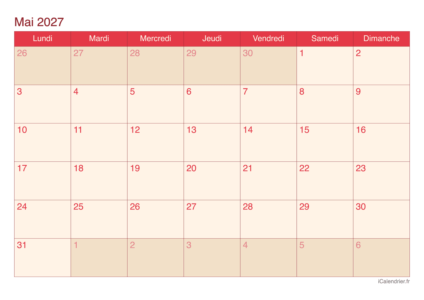 Calendrier de mai 2027 - Cherry