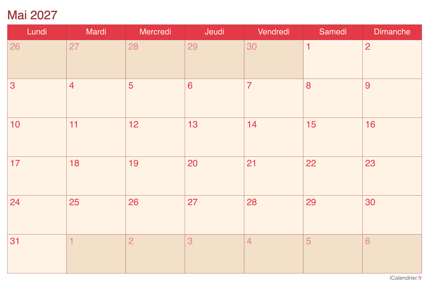 Calendrier de mai 2027 - Cherry