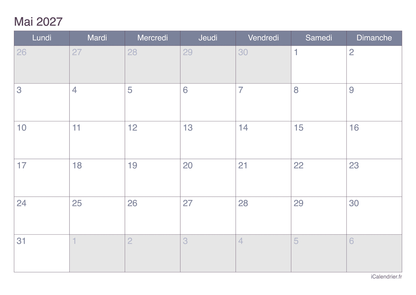 Calendrier de mai 2027 - Office