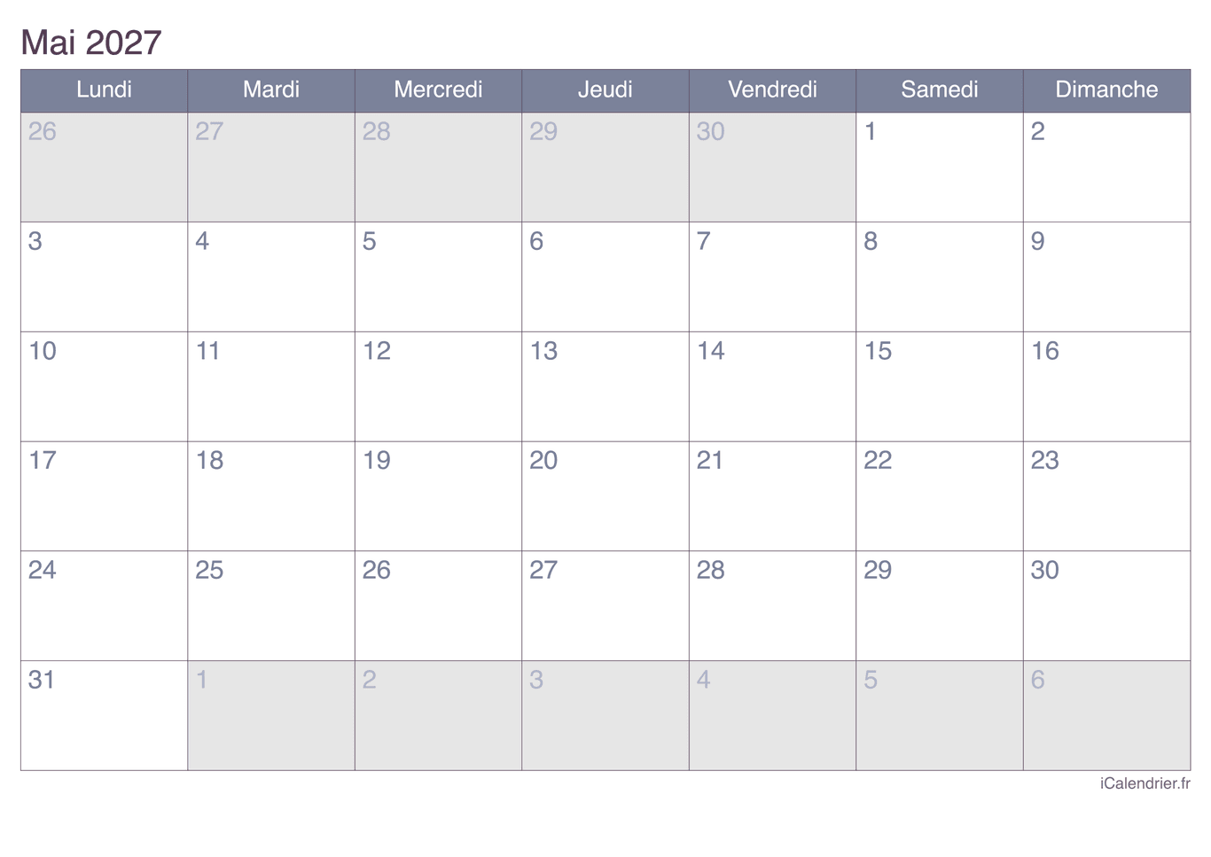 Calendrier de mai 2027 - Office