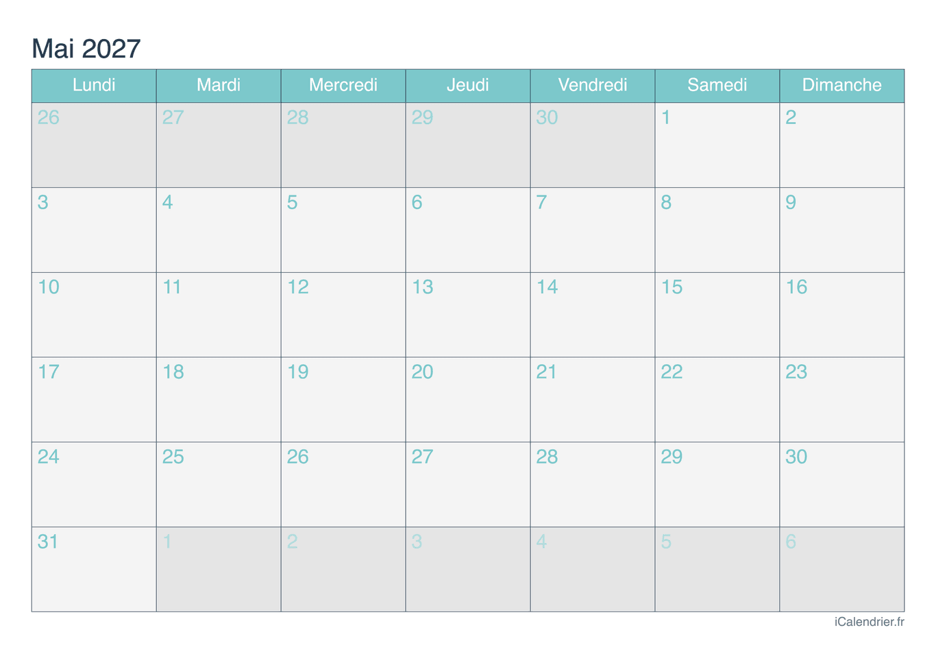 Calendrier de mai 2027 - Turquoise