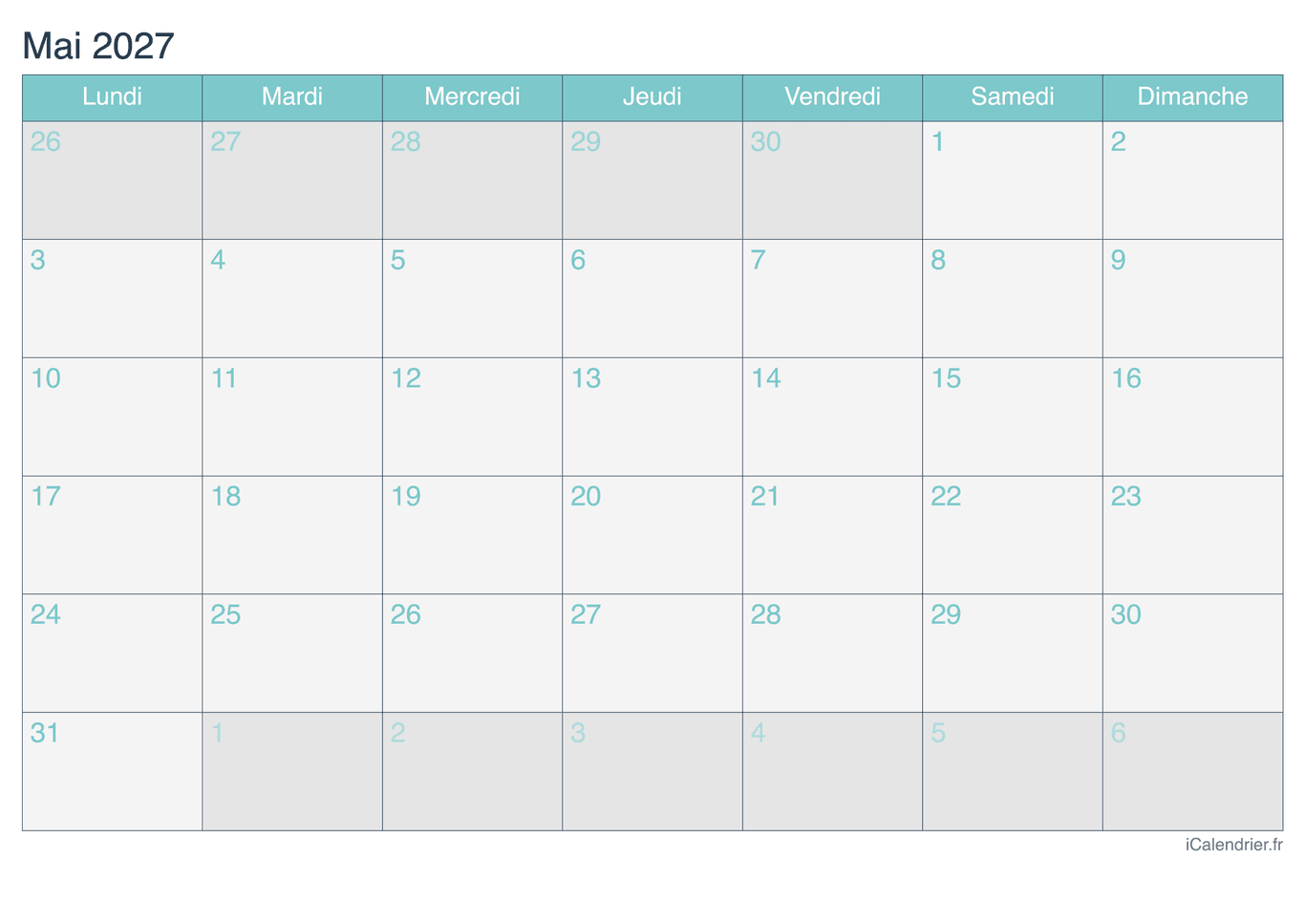 Calendrier de mai 2027 - Turquoise