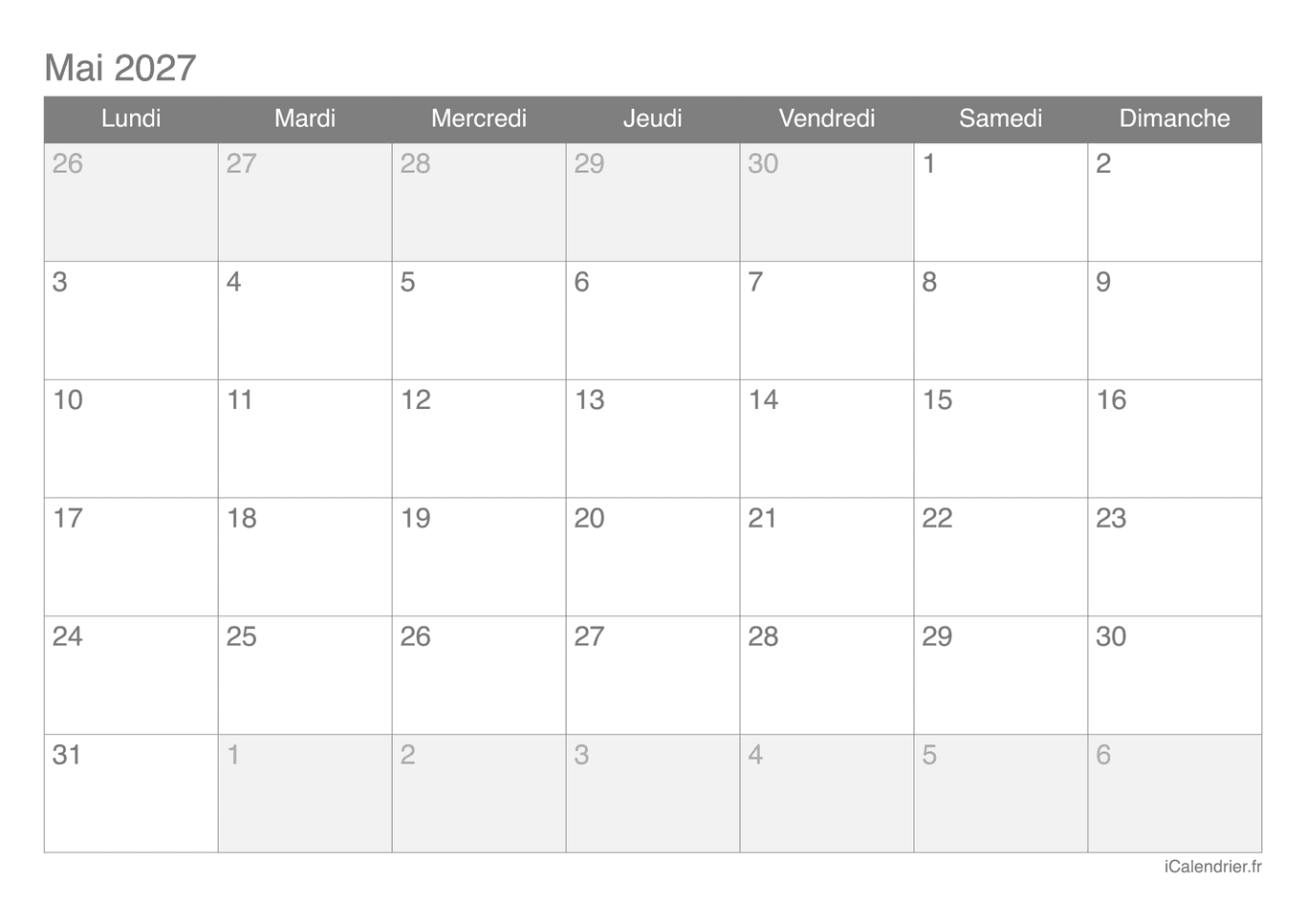 Calendrier de mai 2027