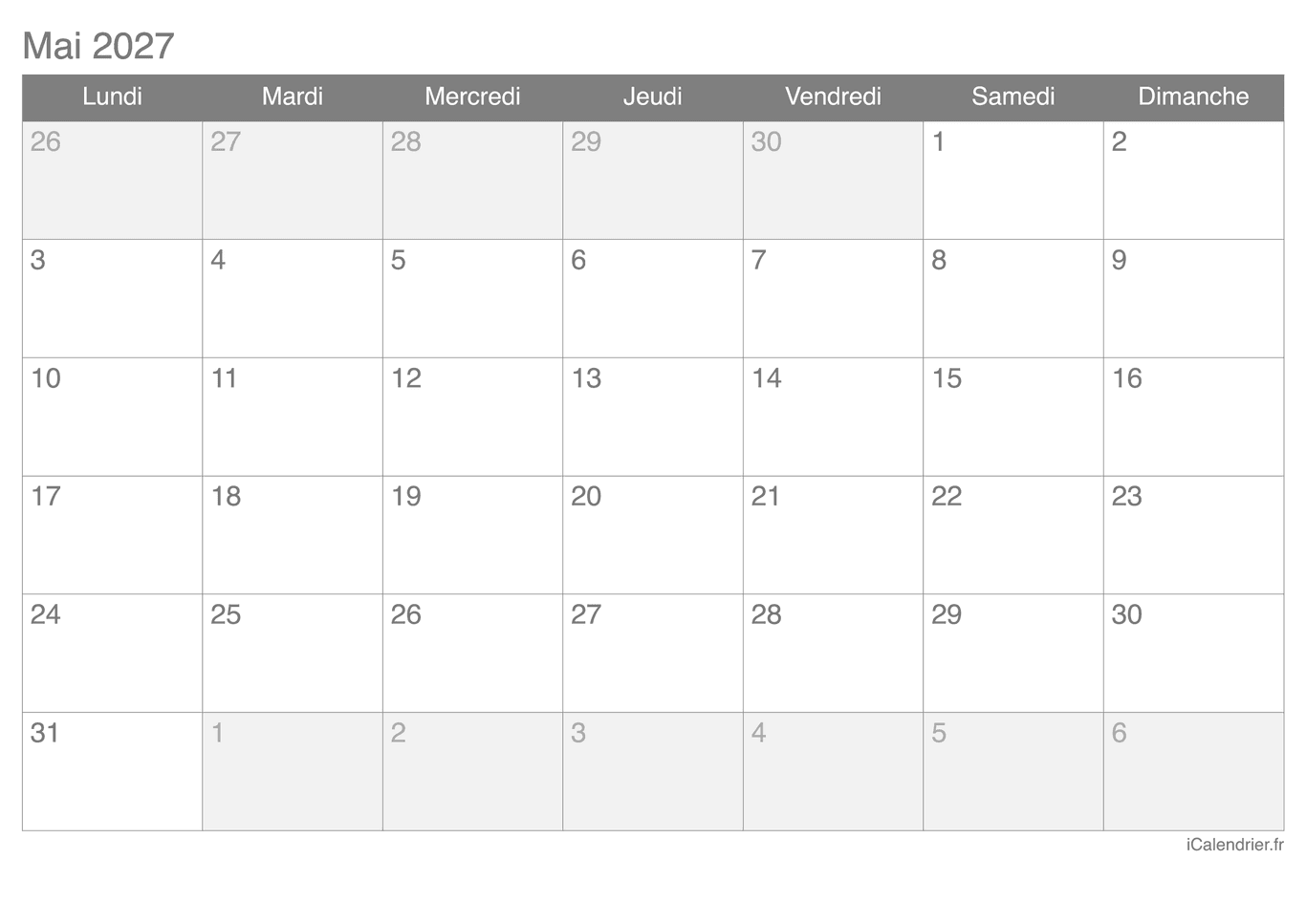 Calendrier de mai 2027