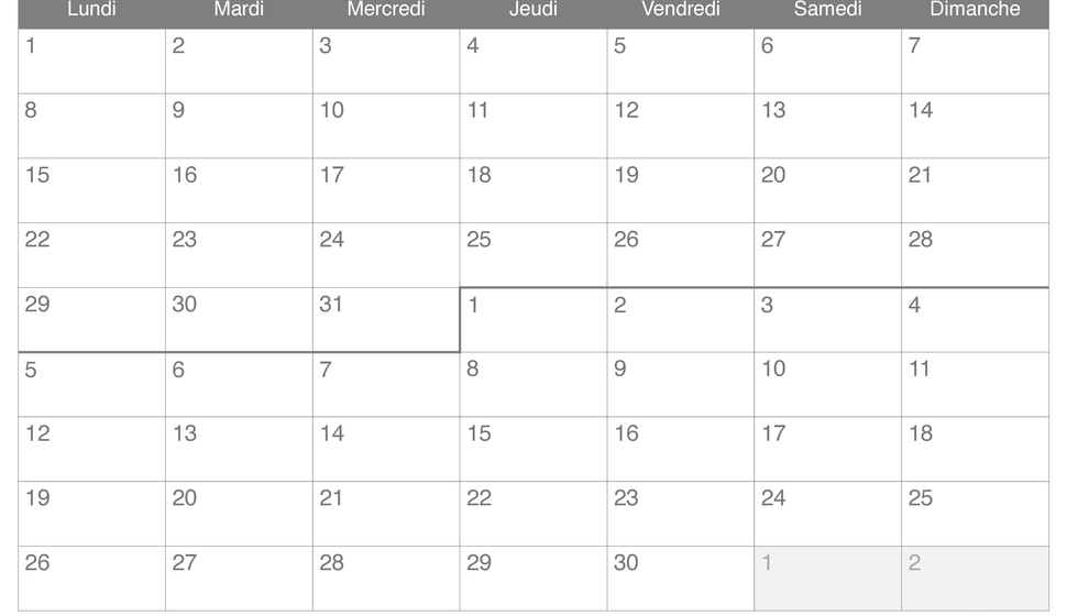 Calendrier de mars avril 2027