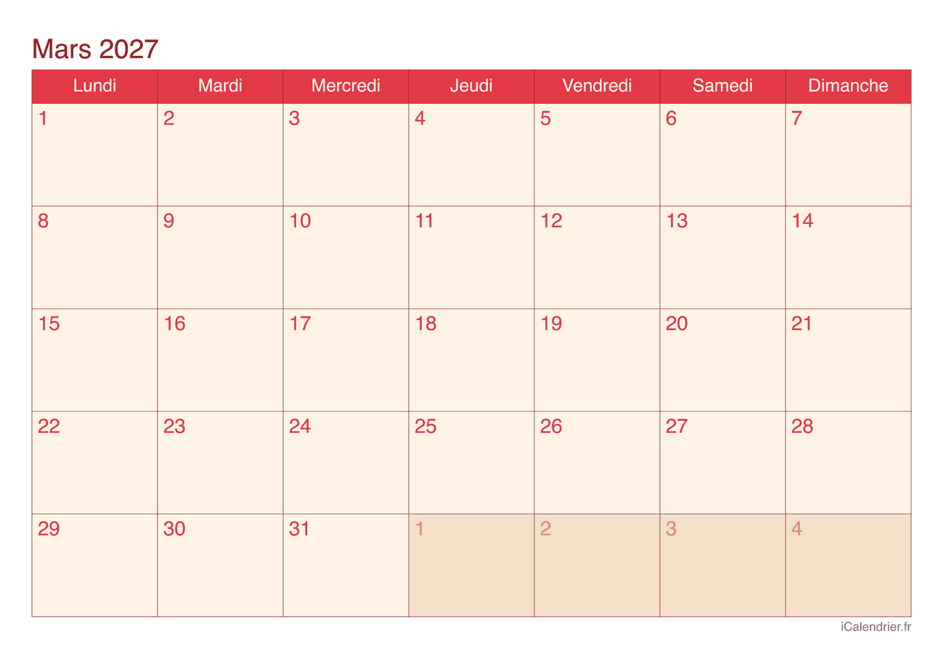 Calendrier de mars 2027 - Cherry