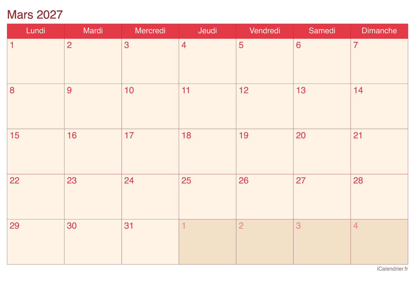 Calendrier de mars 2027 - Cherry