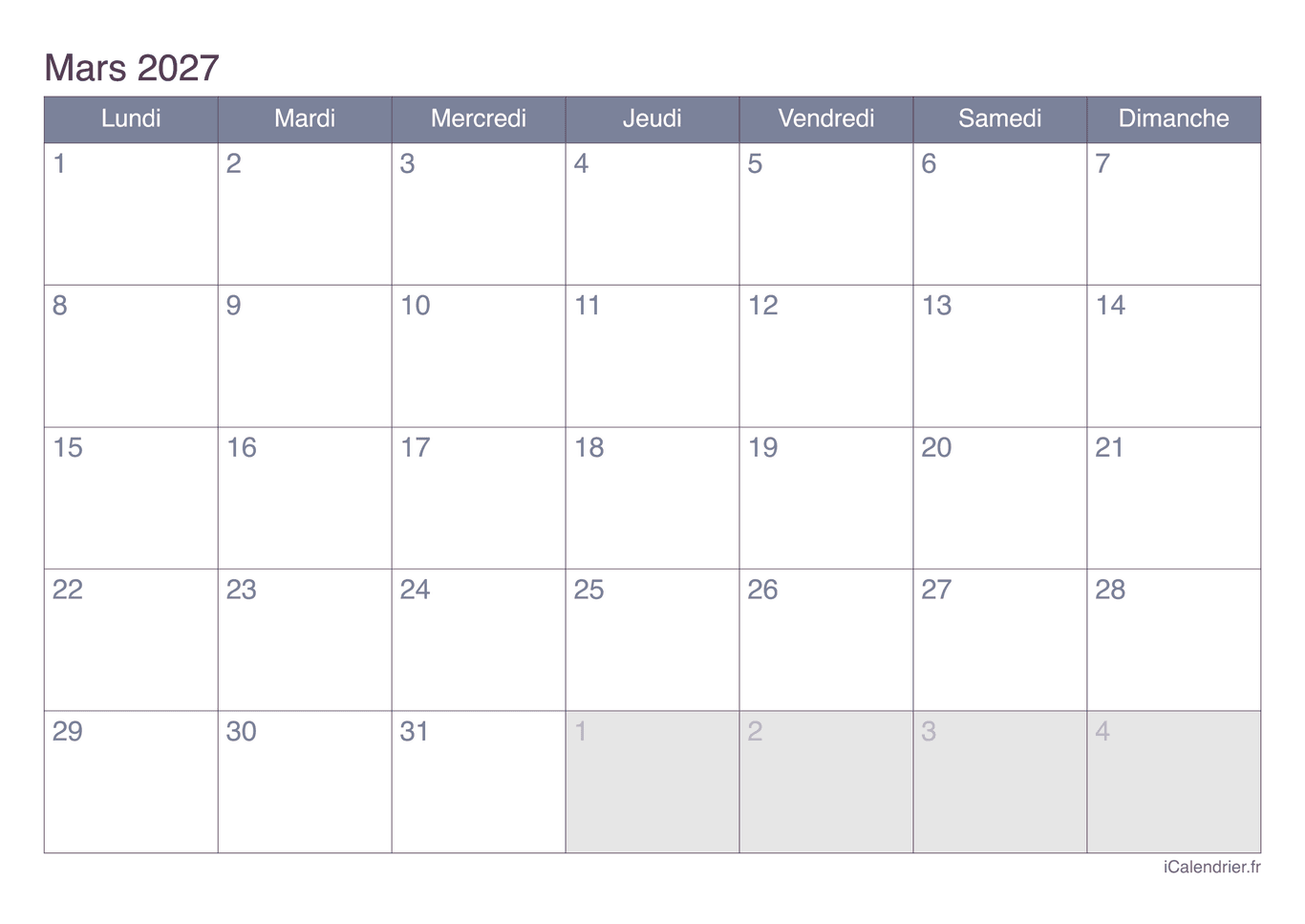 Calendrier de mars 2027 - Office