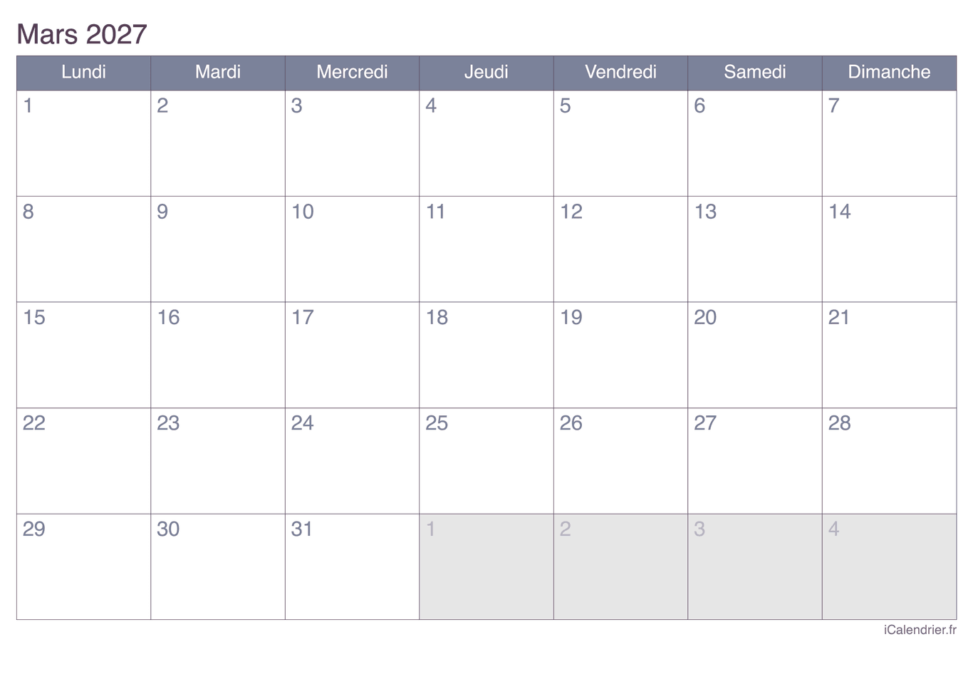 Calendrier de mars 2027 - Office