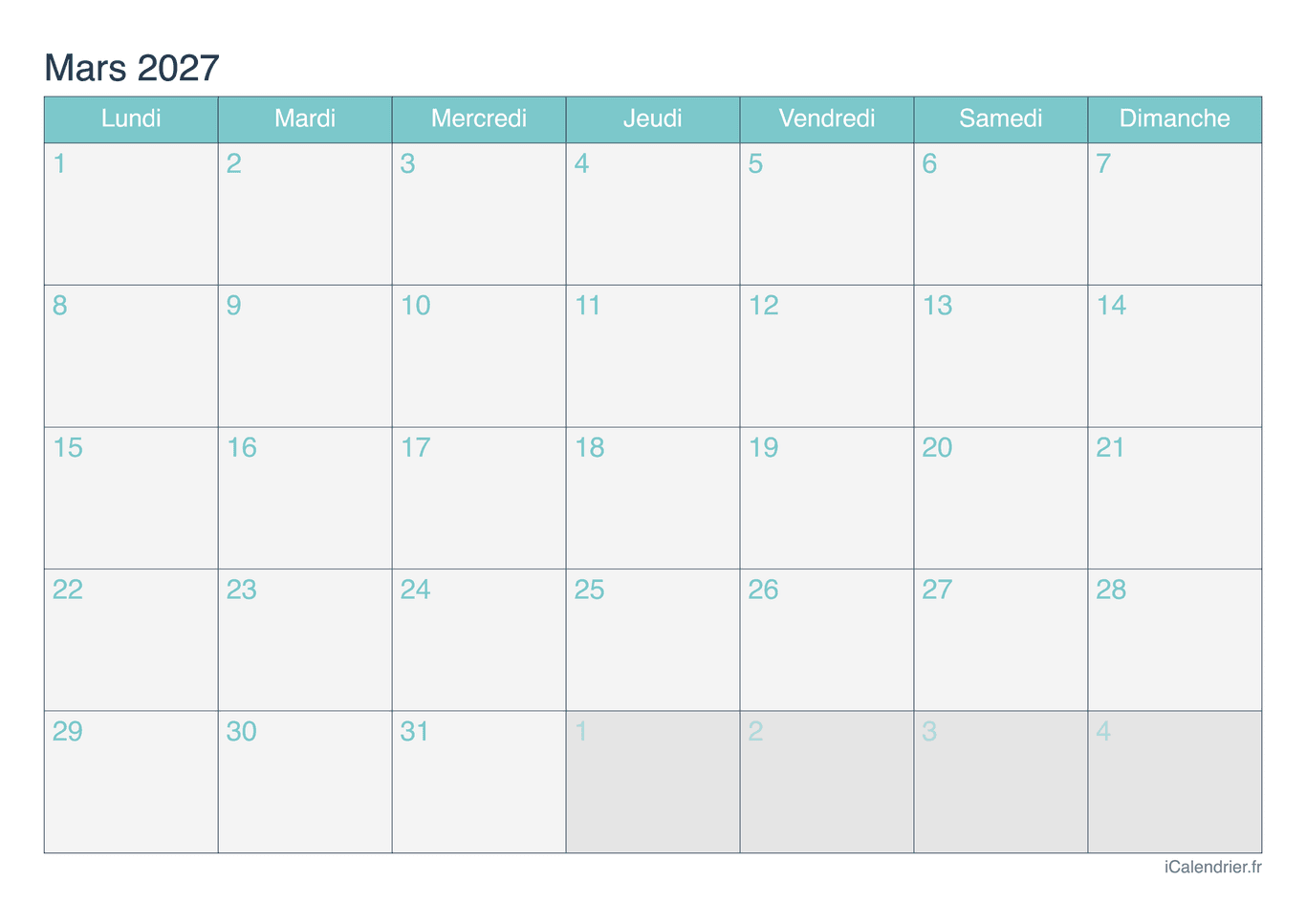 Calendrier de mars 2027 - Turquoise