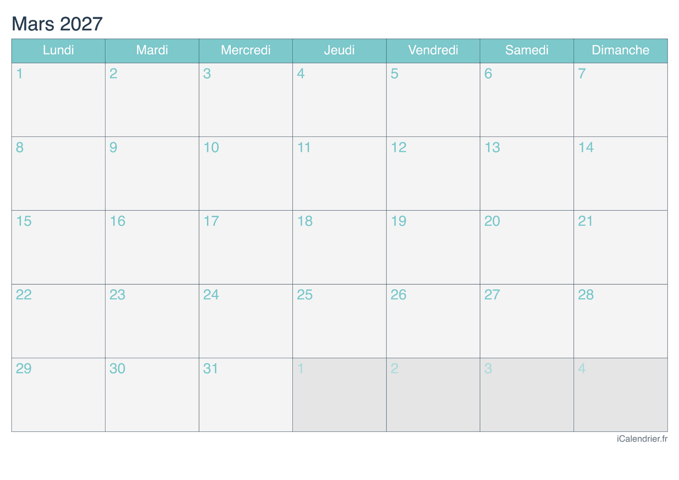 Calendrier de mars 2027 - Turquoise