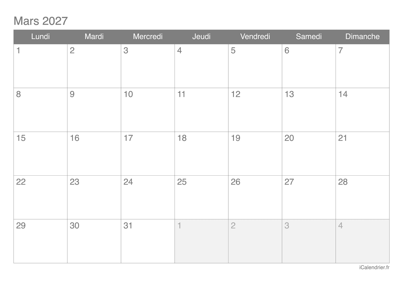 Calendrier de mars 2027
