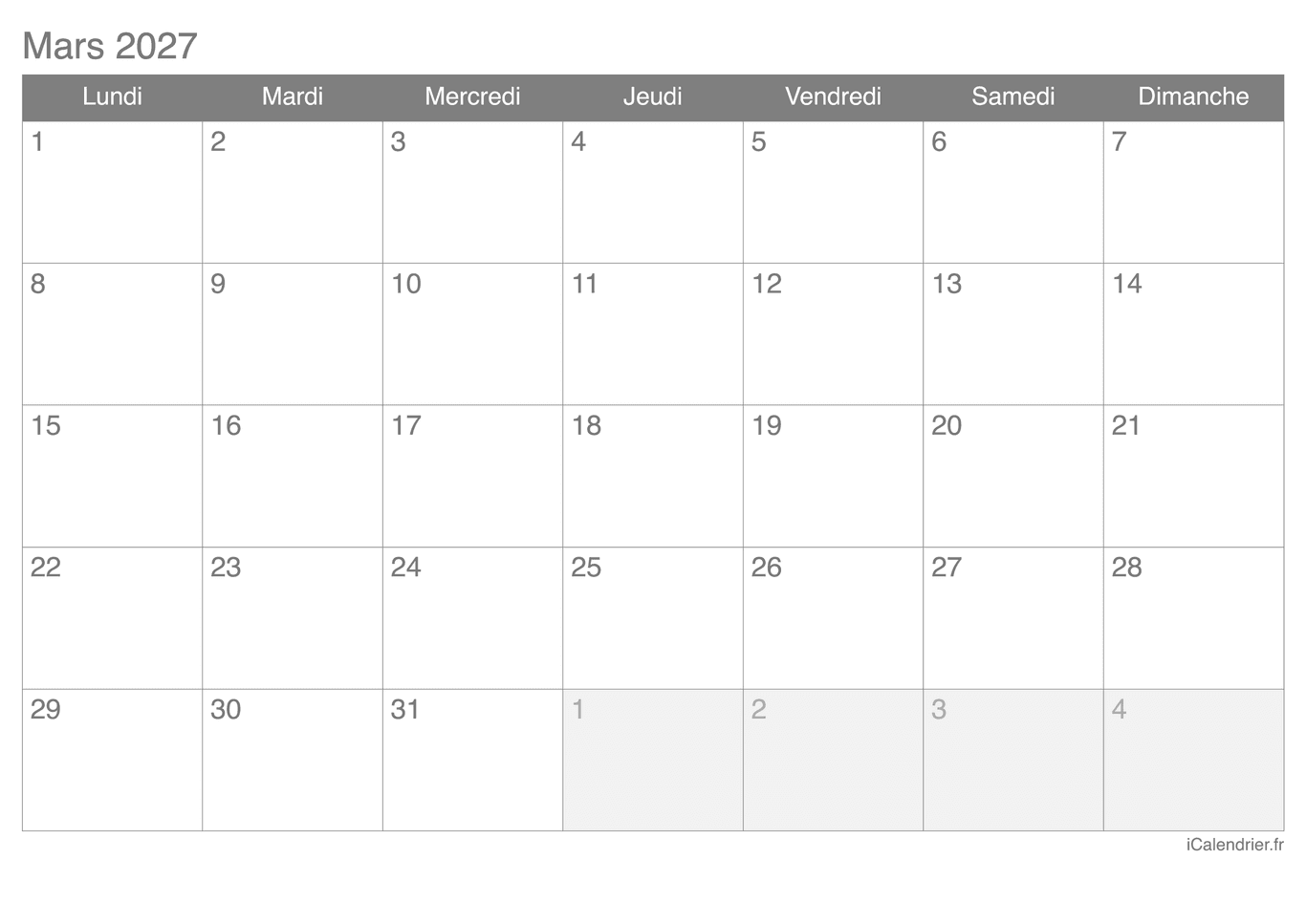 Calendrier de mars 2027