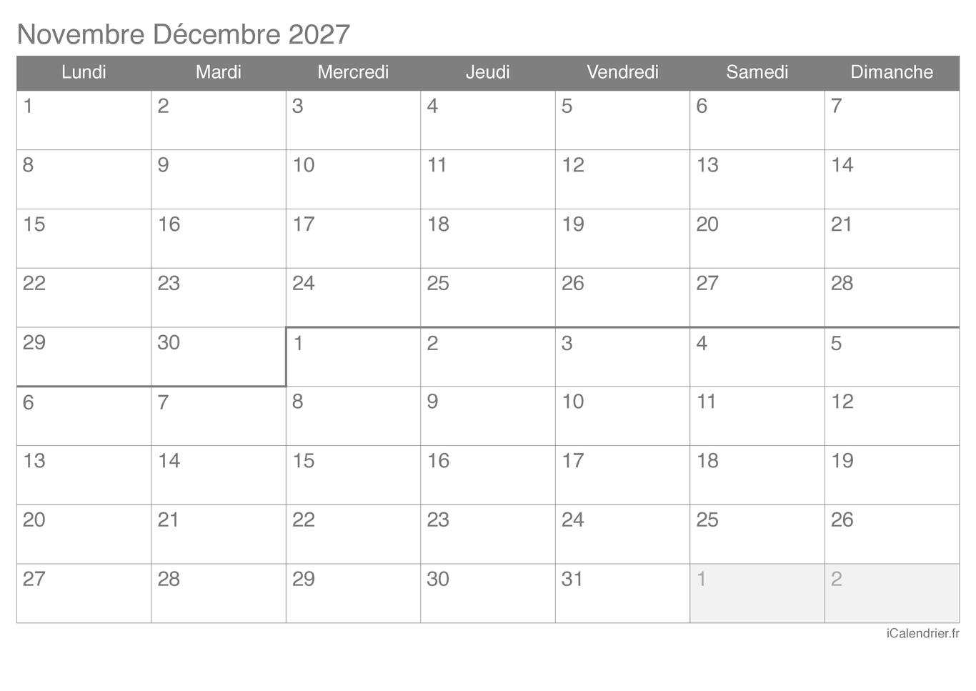 Calendrier de novembre décembre 2027
