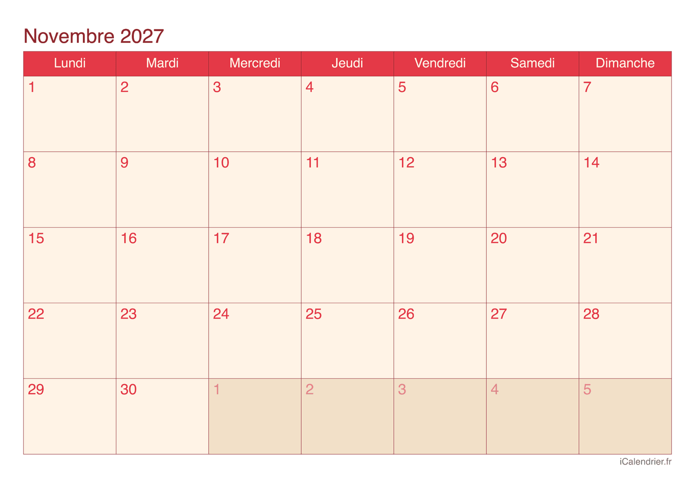 Calendrier de novembre 2027 - Cherry
