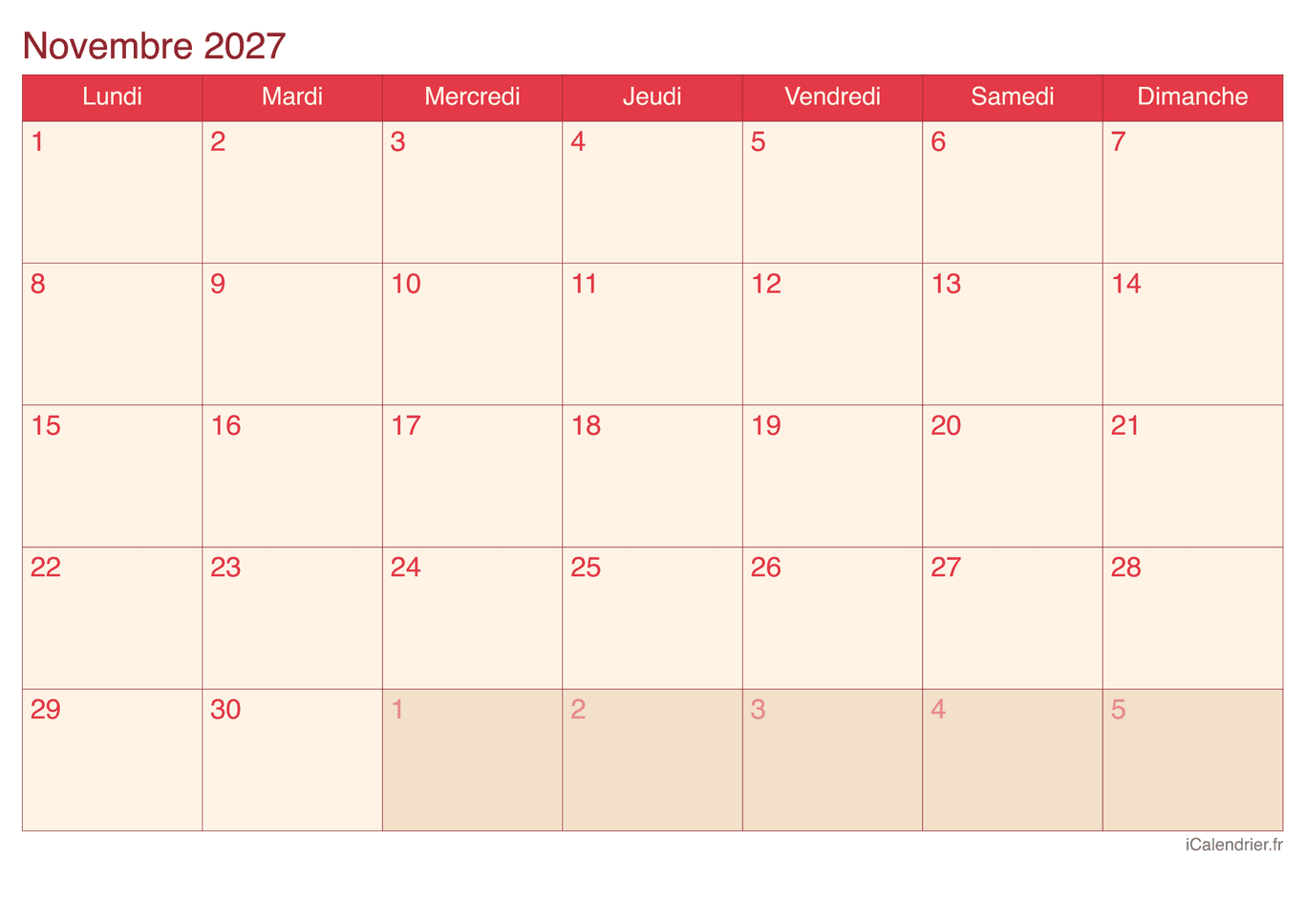 Calendrier de novembre 2027 - Cherry