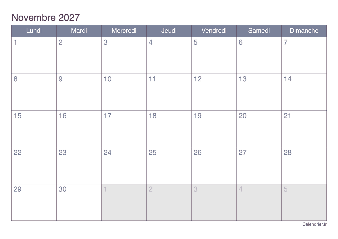 Calendrier de novembre 2027 - Office