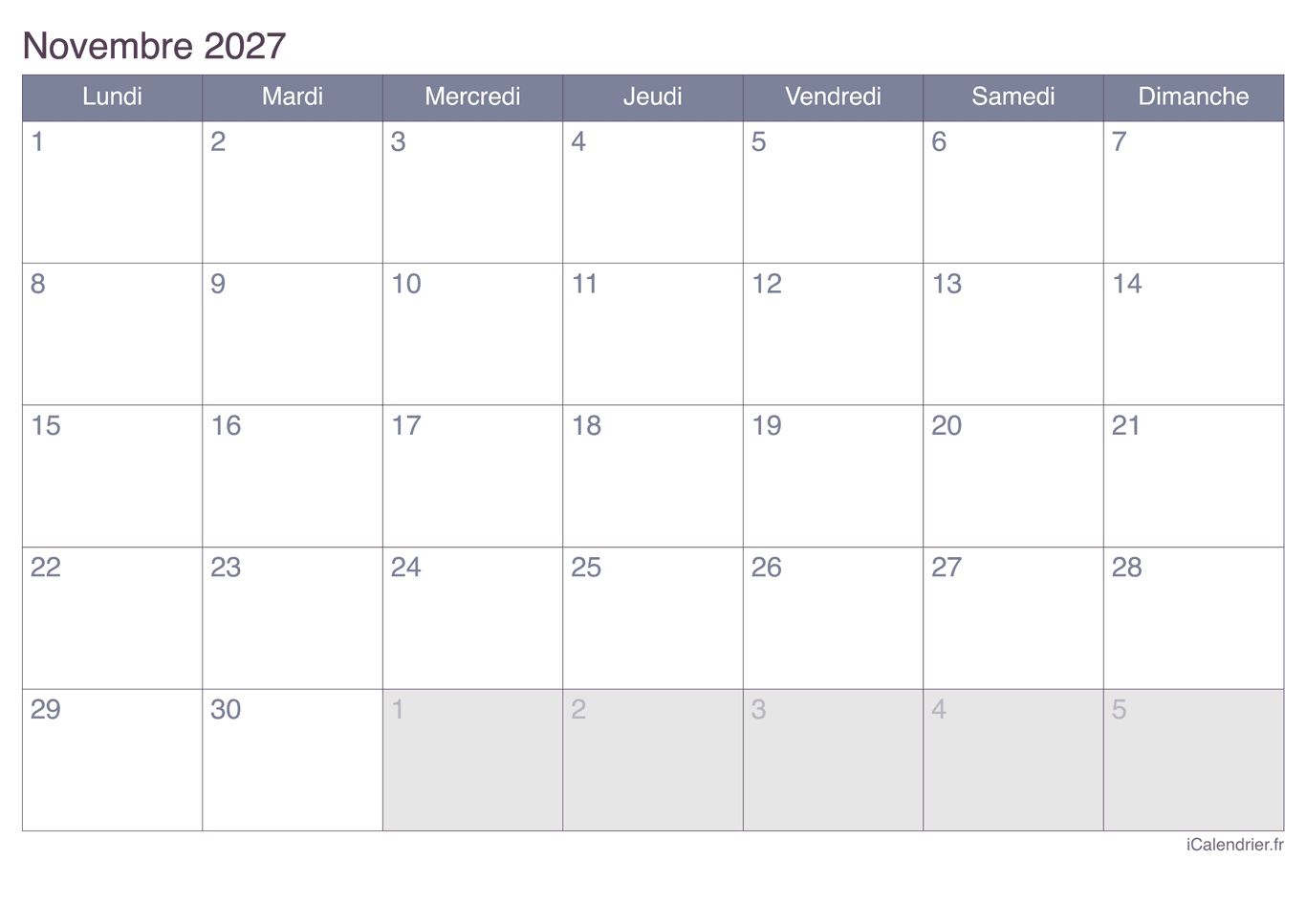 Calendrier de novembre 2027 - Office
