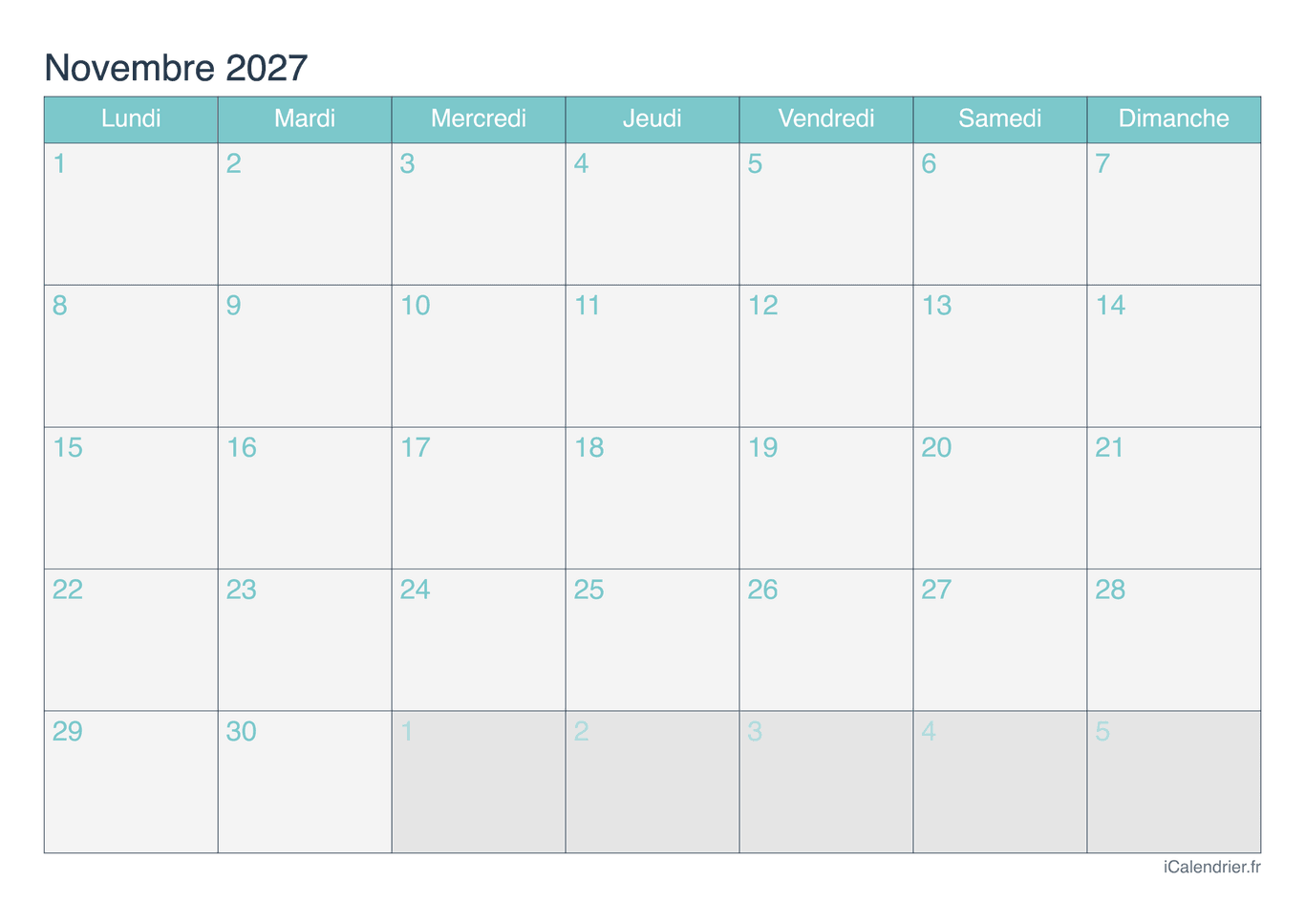 Calendrier de novembre 2027 - Turquoise