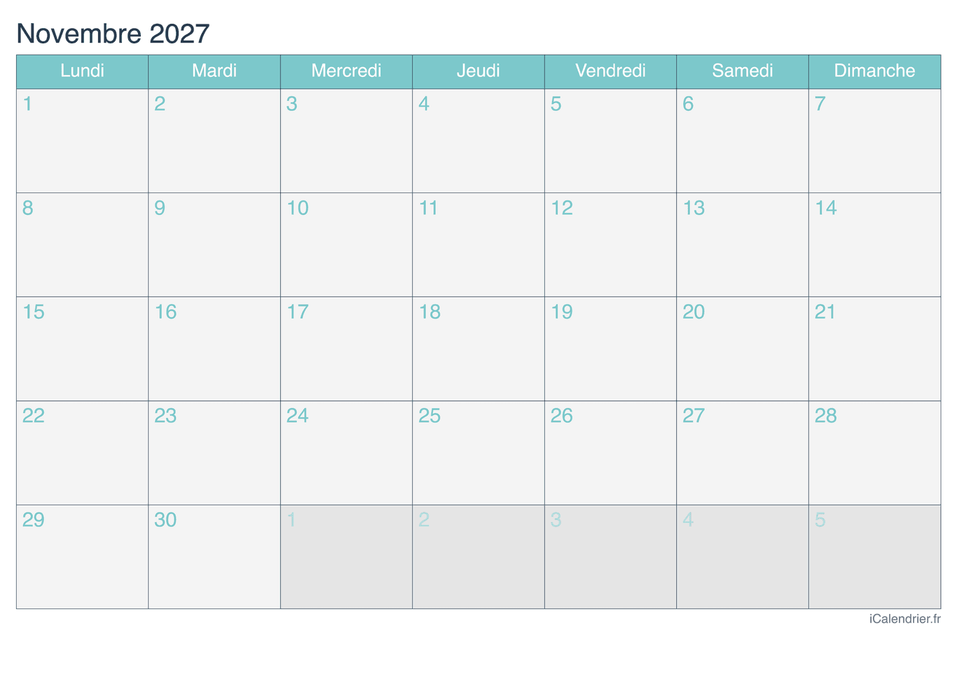 Calendrier de novembre 2027 - Turquoise