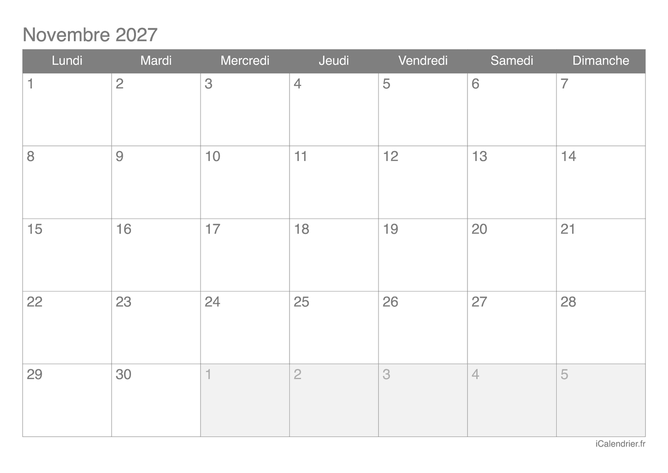 Calendrier de novembre 2027