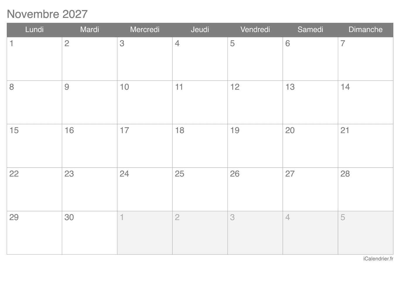 Calendrier de novembre 2027
