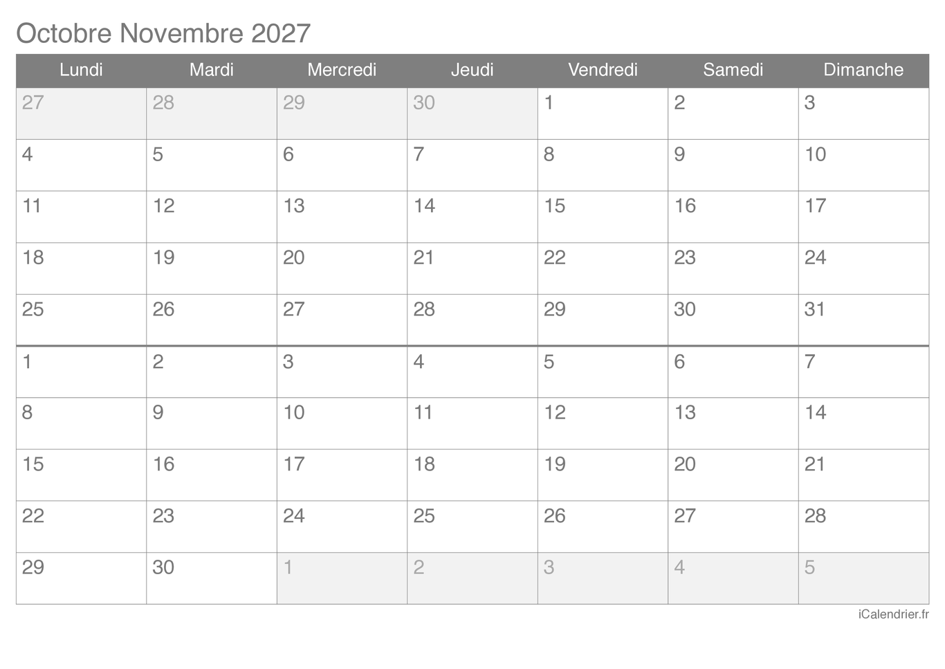 Calendrier d'octobre novembre 2027