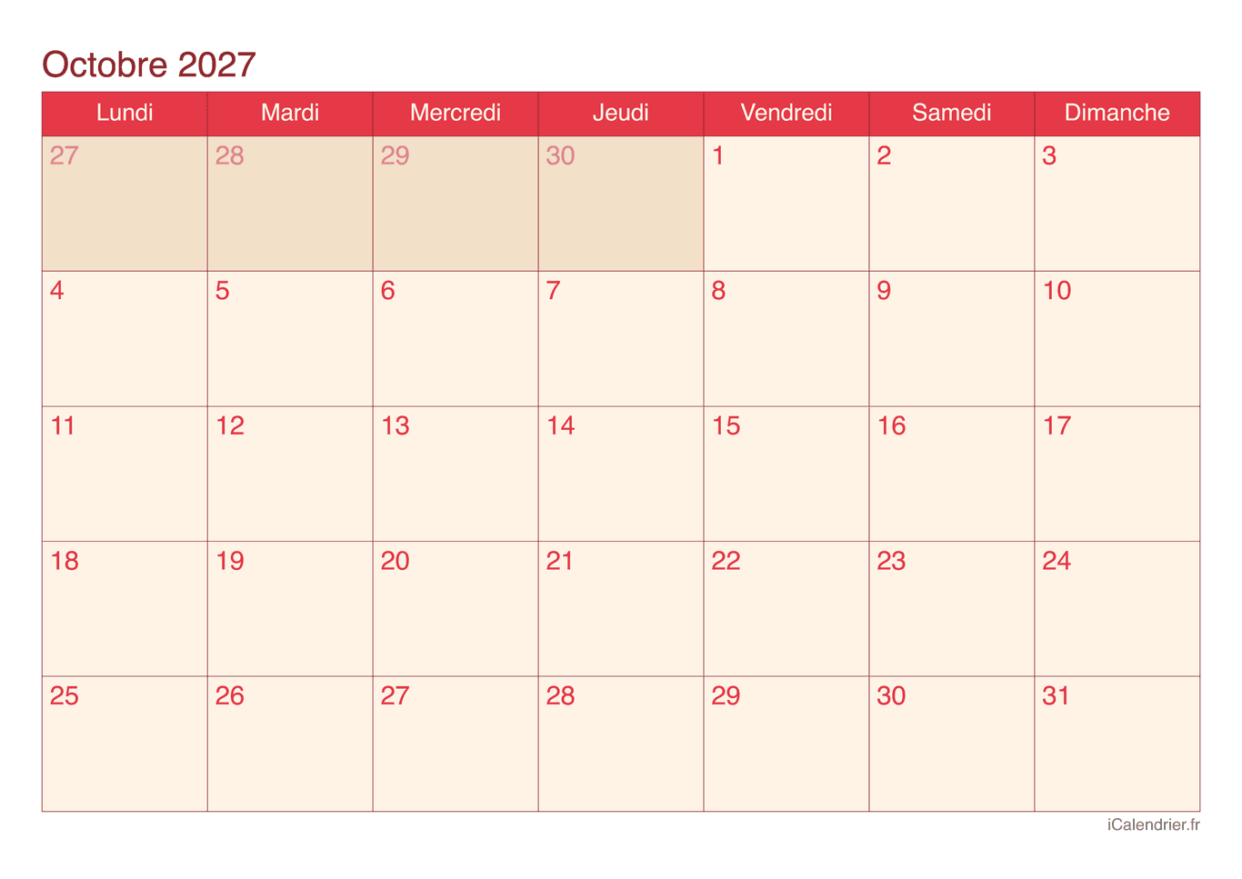 Calendrier d'octobre 2027 - Cherry