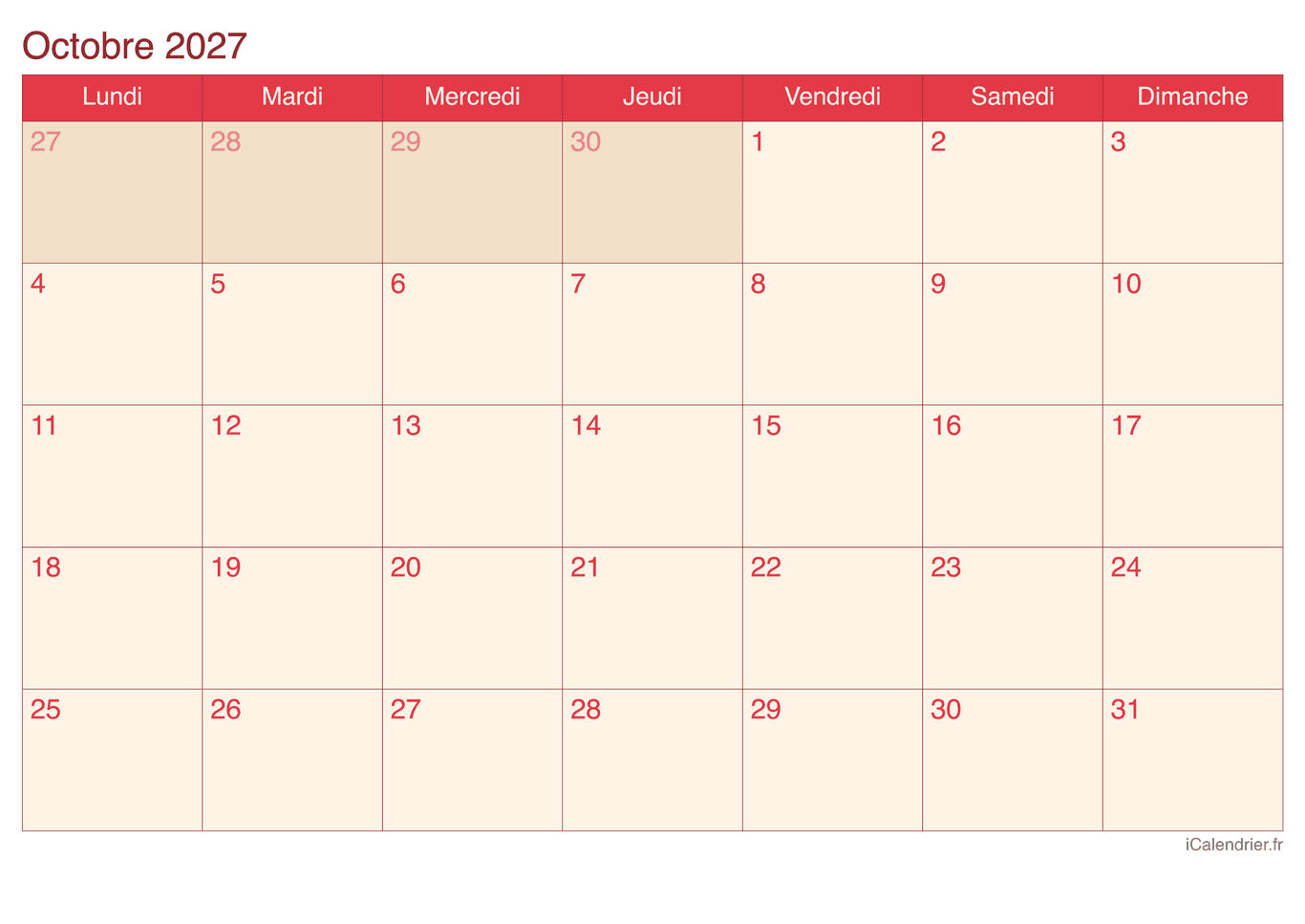 Calendrier d'octobre 2027 - Cherry