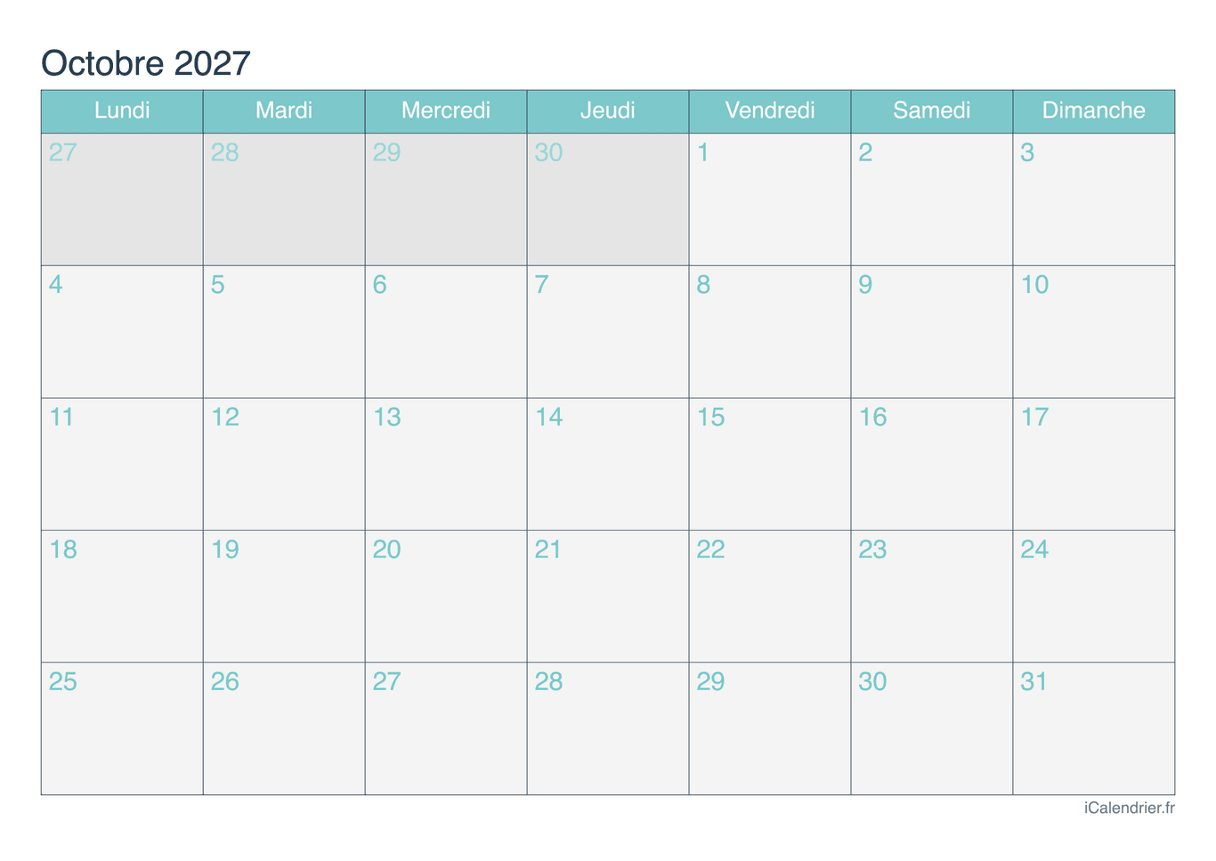 Calendrier d'octobre 2027 - Turquoise